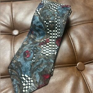 VTG Towncraft Men's Neck Tie Black White Check Red Roses Blue Floral